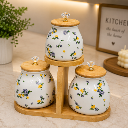 Ceramic Airtight Storage Jar Set with Bamboo Stand – 3 Pieces