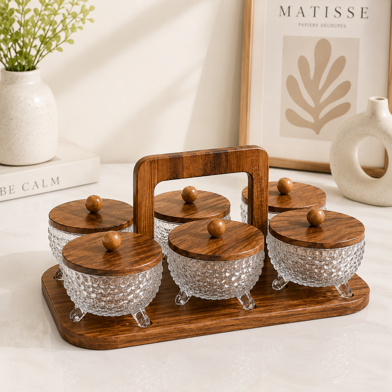Walnut Dry Fruit Serving Set with Wooden Stand – 6 Pieces
