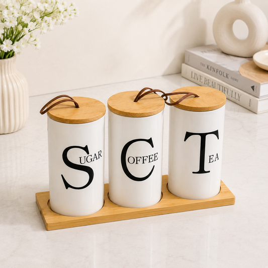 Ceramic Tea, Coffee & Sugar Canister Set with Bamboo Stand – 3 Pieces