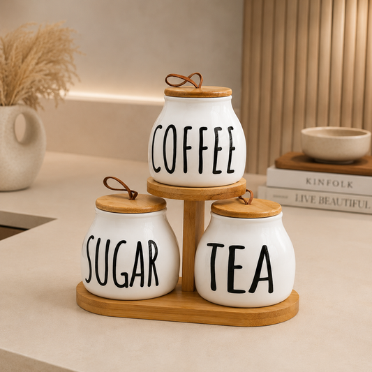 3-Piece Ceramic Storage Jar Set with Bamboo Stand