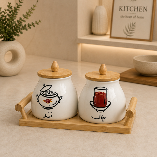 Ceramic Tea & Sugar Jar Set with Bamboo Tray (2 Pcs)