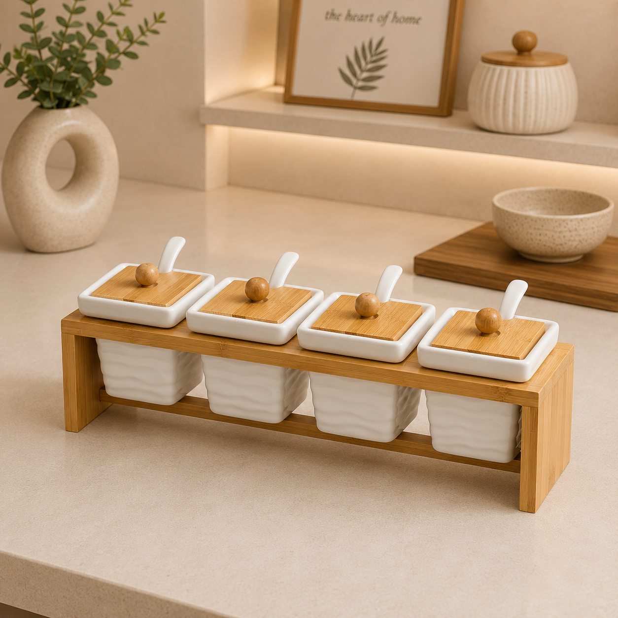 Ceramic 4-Piece Condiment Set with Bamboo Stand