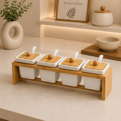 Ceramic 4-Piece Condiment Set with Bamboo Stand