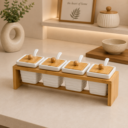Ceramic 4-Piece Condiment Set with Bamboo Stand