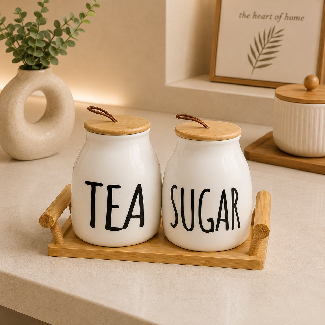 Ceramic Tea & Sugar Storage Jar Set with Bamboo Tray (2 Pcs)