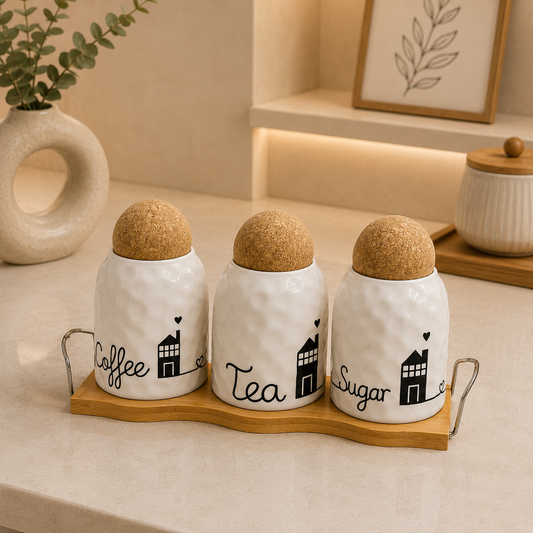 Ceramic Tea, Coffee & Sugar Jar Set with Wooden Tray (3 Pcs)