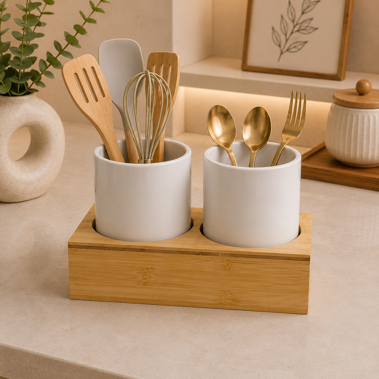 Ceramic Dual Utensil Holder with Bamboo Stand