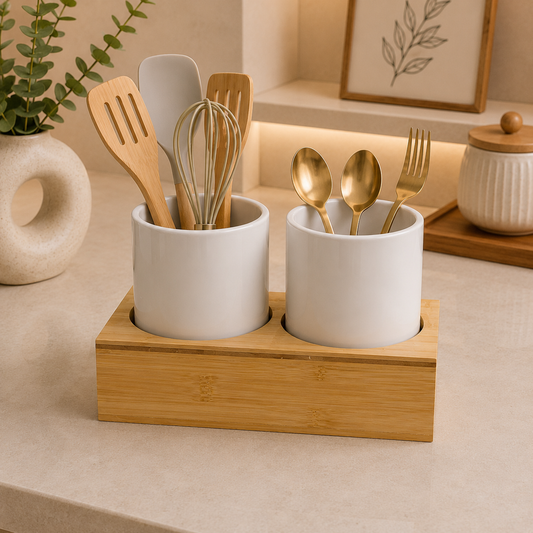 Ceramic Dual Utensil Holder with Bamboo Stand
