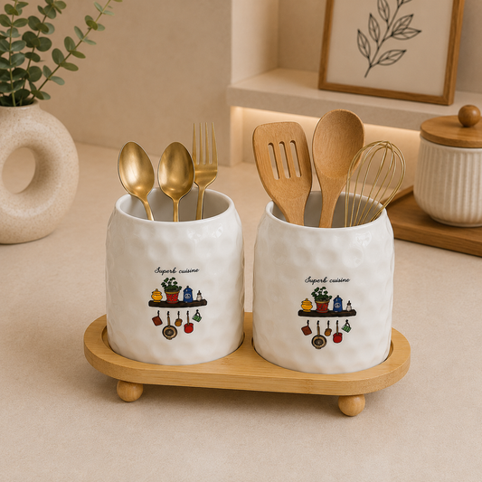 Ceramic Dual Utensil Holder with Bamboo Tray