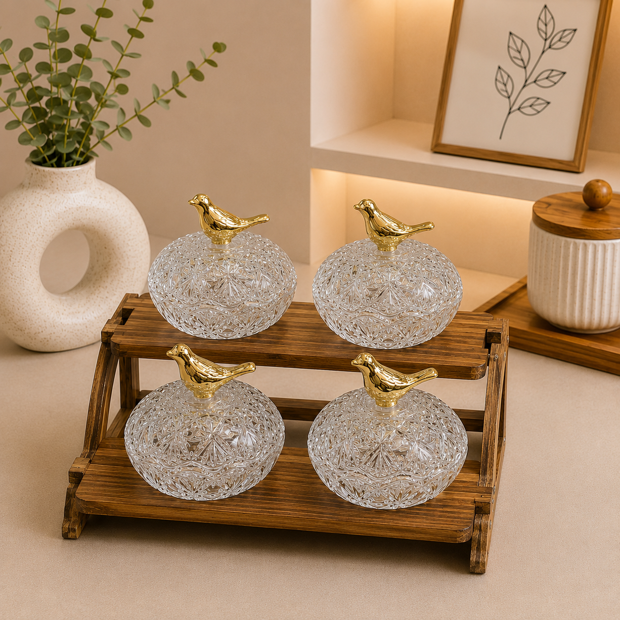 2-Tier Crystal Glass Dry Fruit Server – 4 Pcs