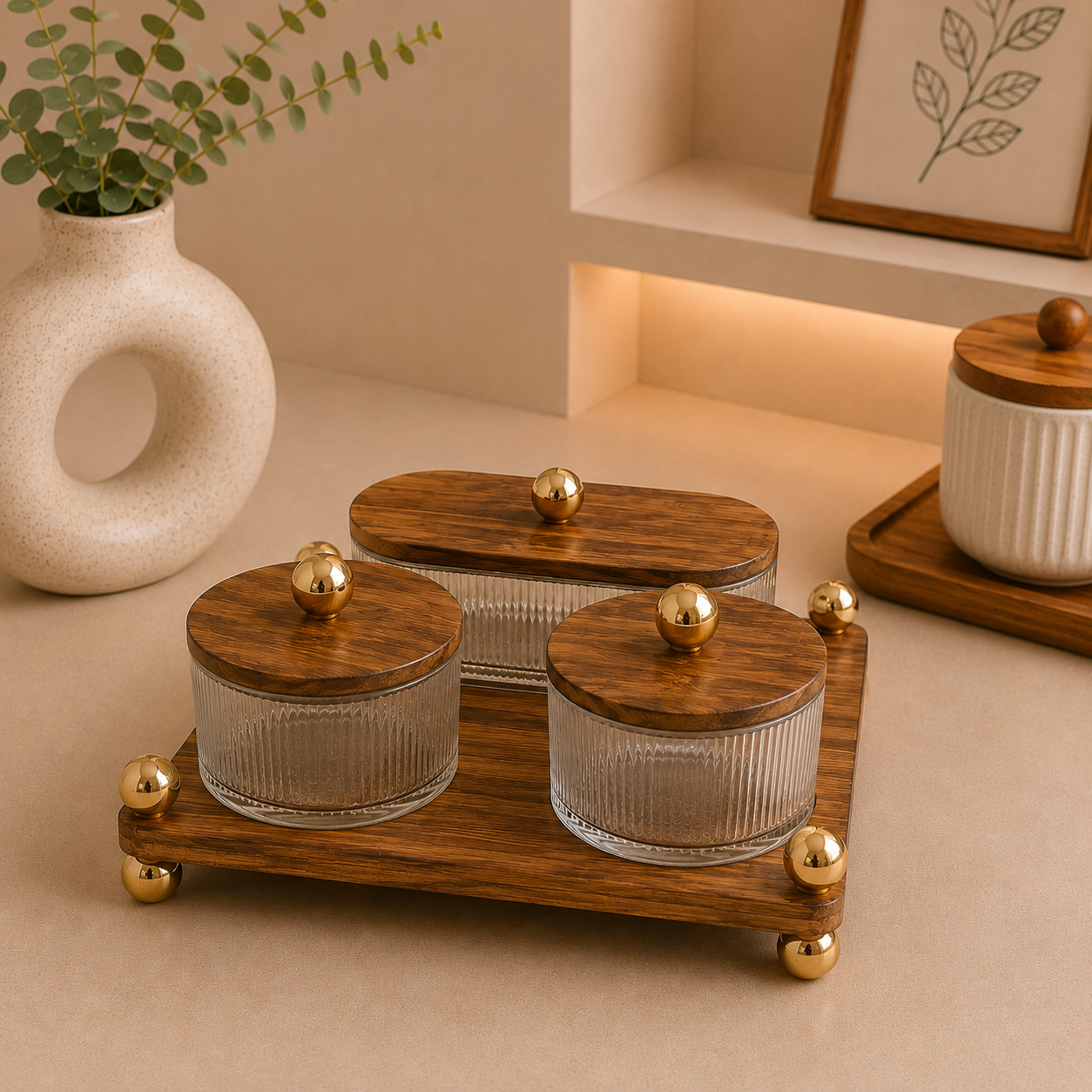 Walnut 3 Pcs Glass Dry Fruit Serving Set