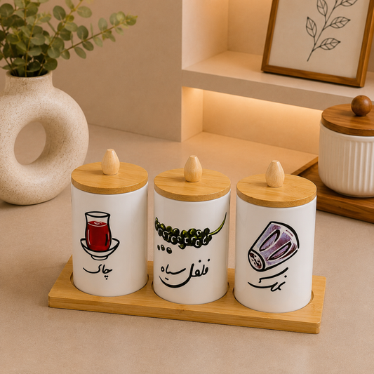 3 Pcs Airtight Ceramic Kitchen Jar Set with Bamboo Stand