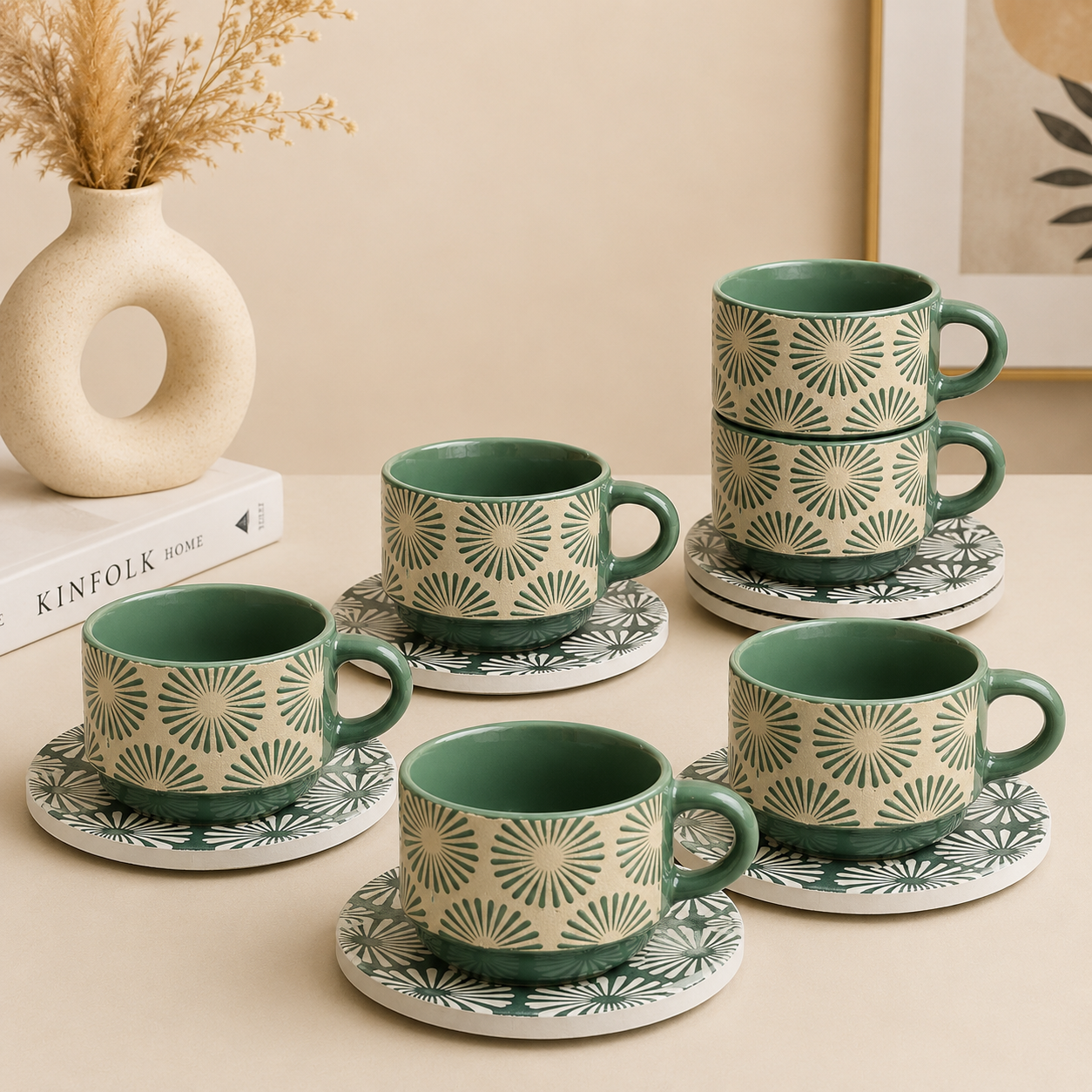 Danny Home Floral Ceramic Cup & Saucer Set – 6 Pcs | Sage Green