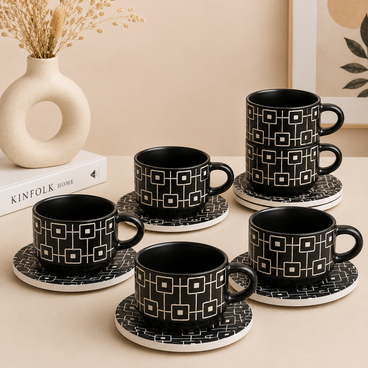 Danny Home Geometric Ceramic Cup & Saucer Set – 6 Pcs | Matte Black