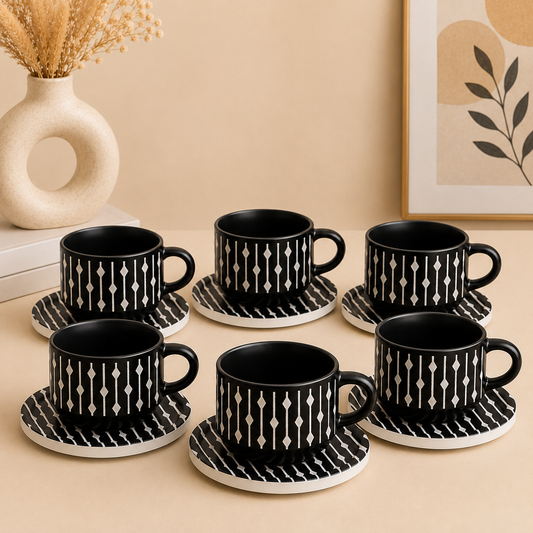 Danny Home Modern Ceramic Cup & Saucer Set – 6 Pcs | Black & White