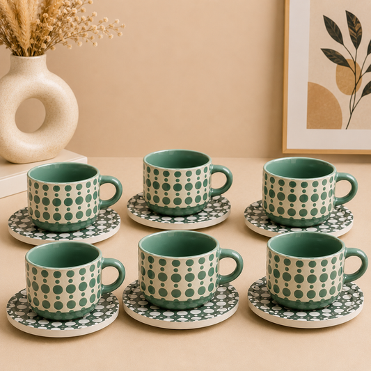 Danny Home Polka Dot Ceramic Cup & Saucer Set – 6 Pcs | Sage Green