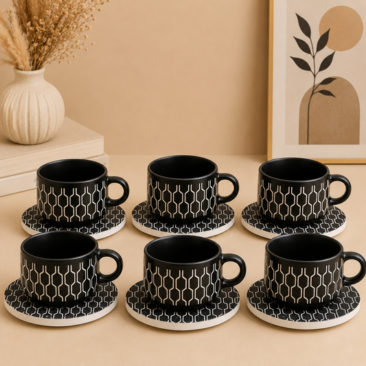 Danny Home Contemporary Ceramic Cup & Saucer Set – 6 Pcs | Black Geometric