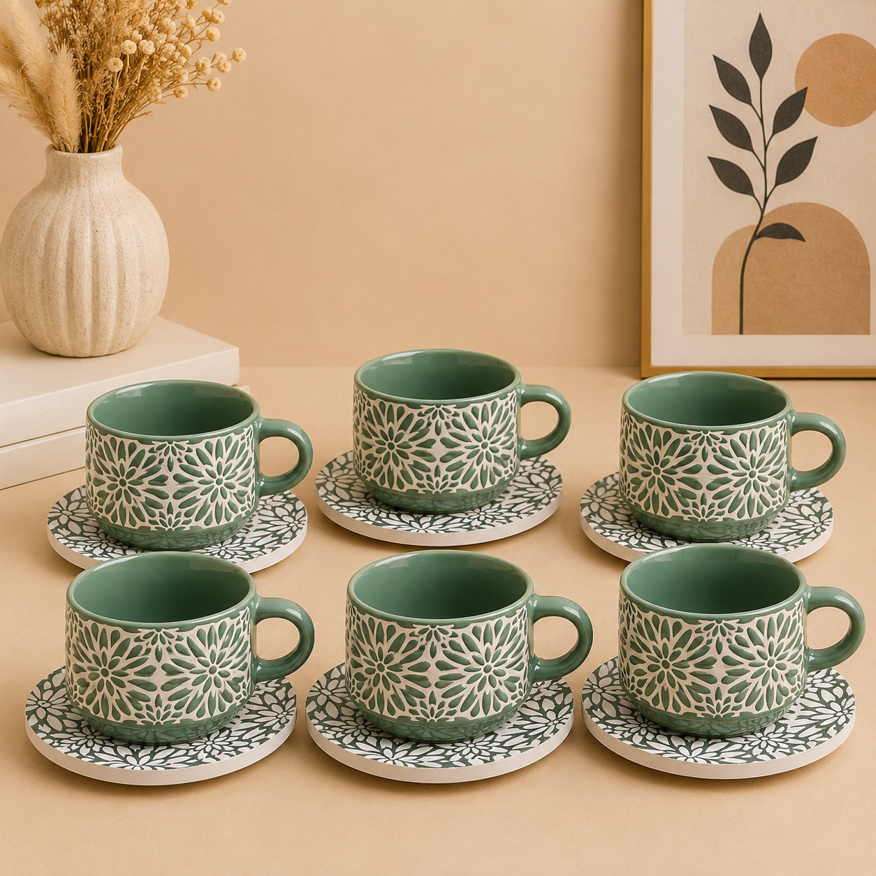 Danny Home Floral Ceramic Cup & Saucer Set – 6 Pcs | Sage Green