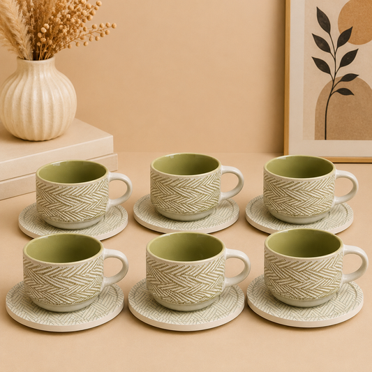 Danny Home Textured Ceramic Cup & Saucer Set – 6 Pcs | Sage Green