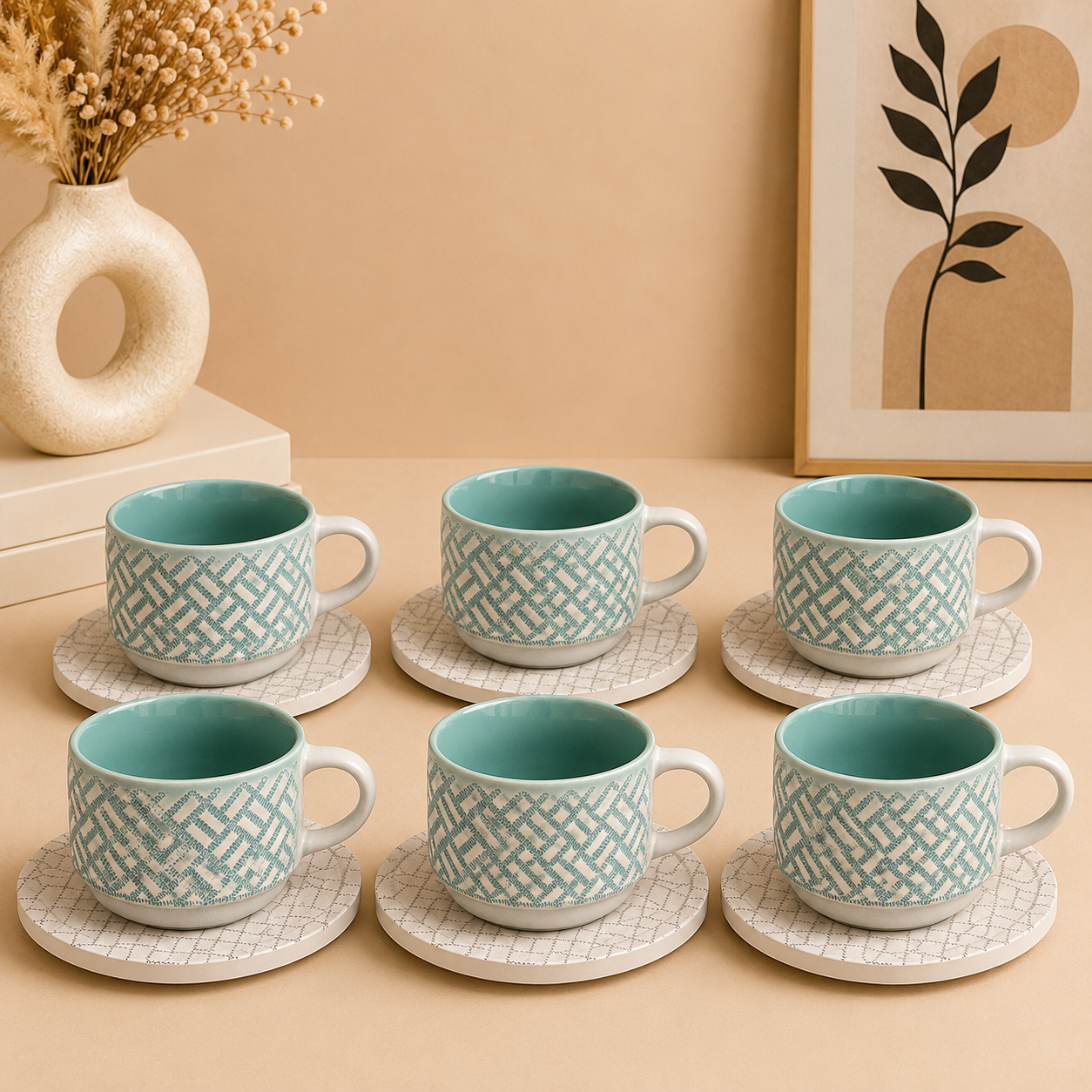 Danny Home Woven Ceramic Cup & Saucer Set – 6 Pcs | Sky Blue
