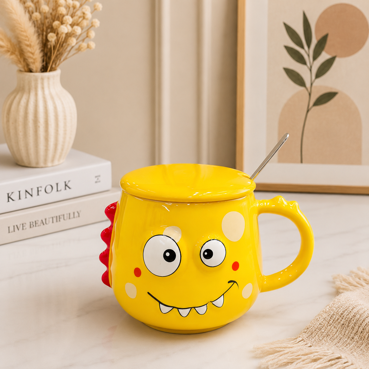 Cute Monster Ceramic Mug with Lid & Spoon