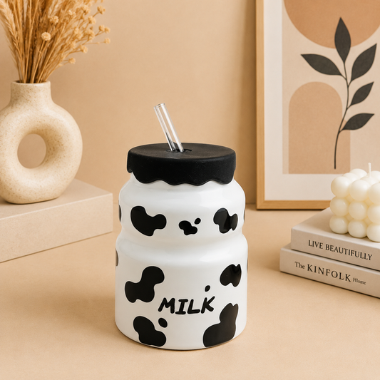 Cow Print Ceramic Milk Mug with Lid & Glass Straw