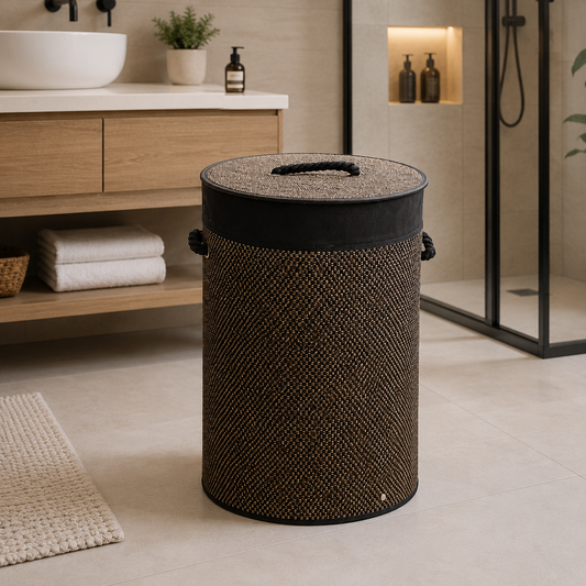 Bamboo Round Laundry Basket with Lid – Dark Brown