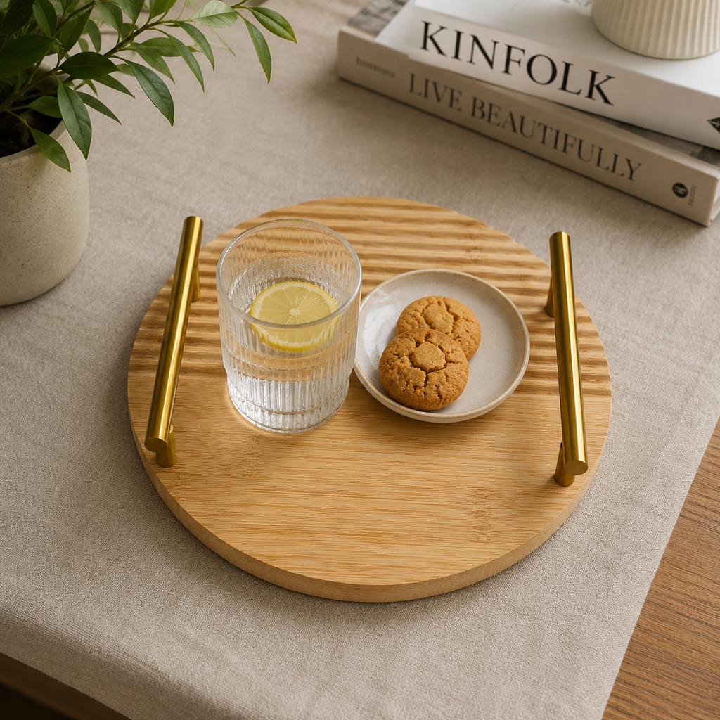 2 Pcs Round Bamboo Serving Tray Set with Gold Handles