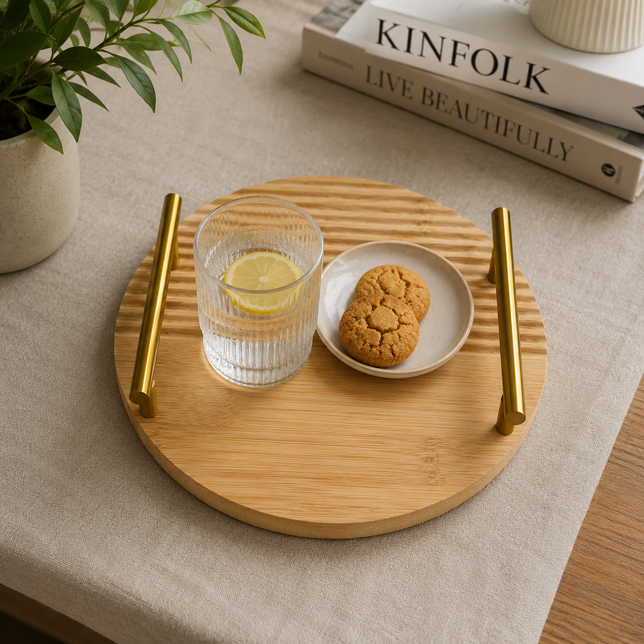 2 Pcs Round Bamboo Serving Tray Set with Gold Handles