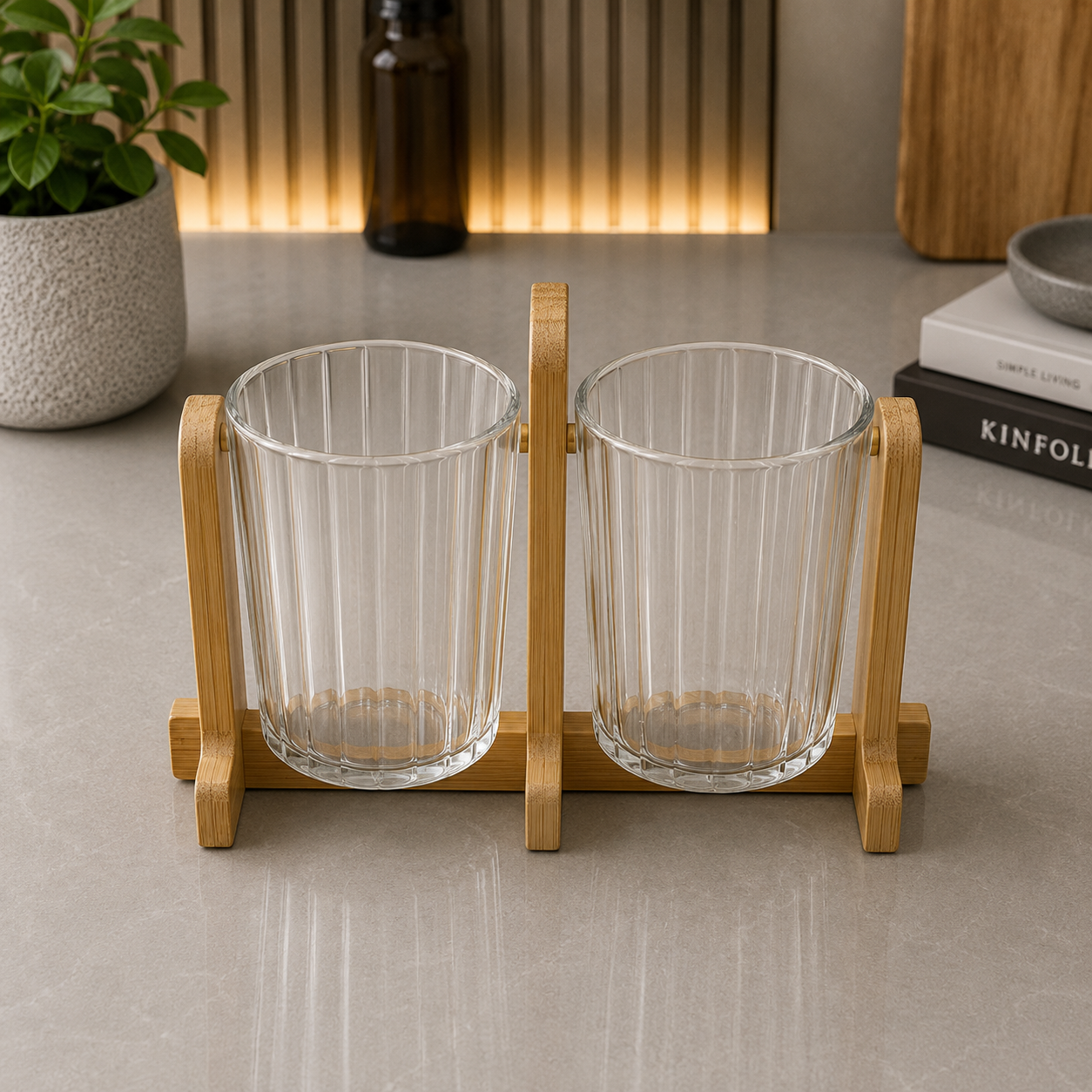 Premium Acrylic Organizer Cup Set with Wooden Stand