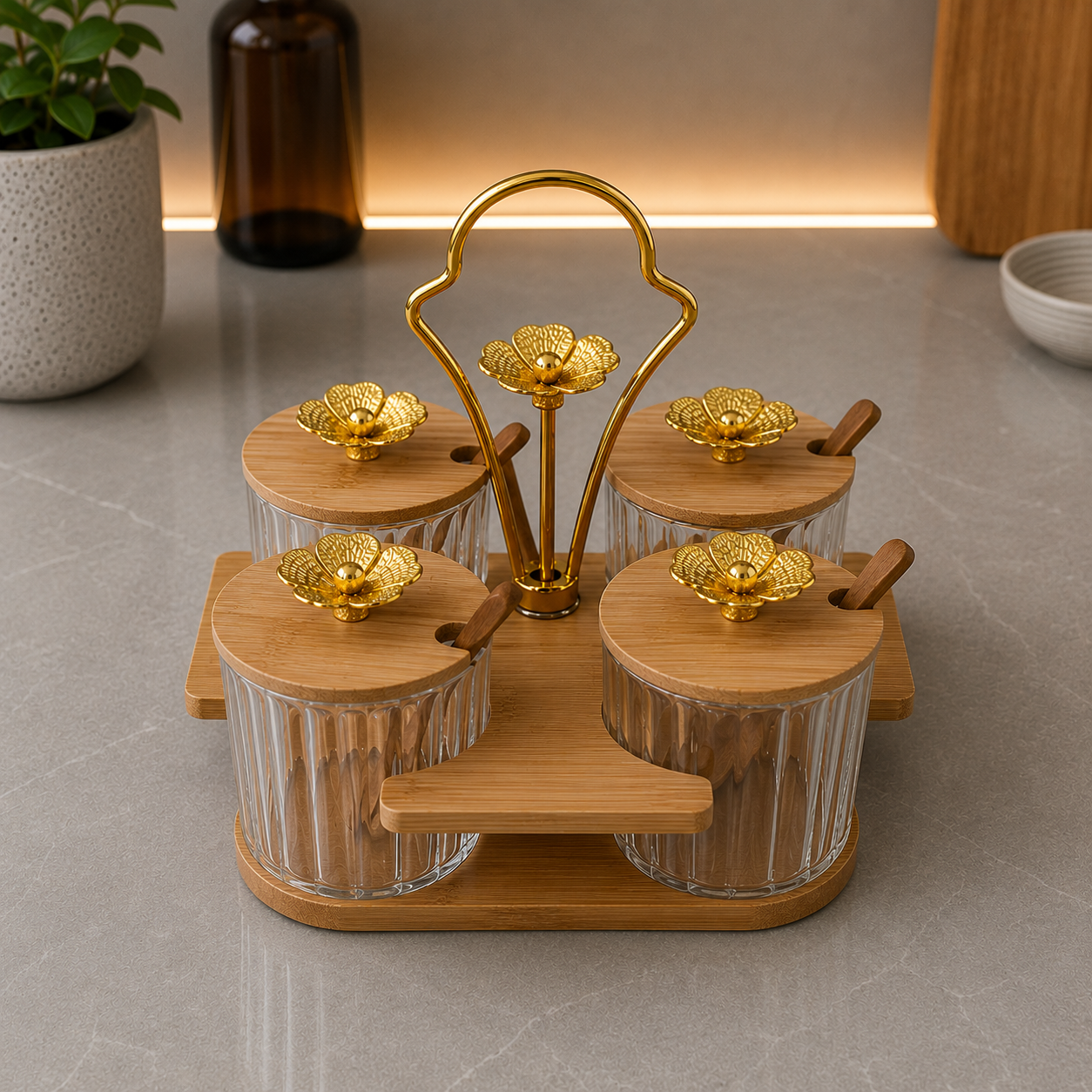 Premium Glass Condiment Jar Set with Wooden Stand