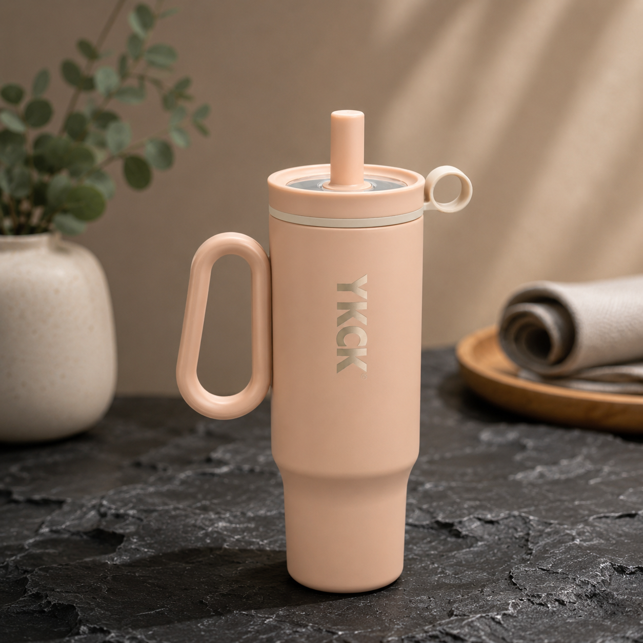 YKCK Vacuum Insulated Travel Tumbler with Handle & Straw – Beige | 40oz