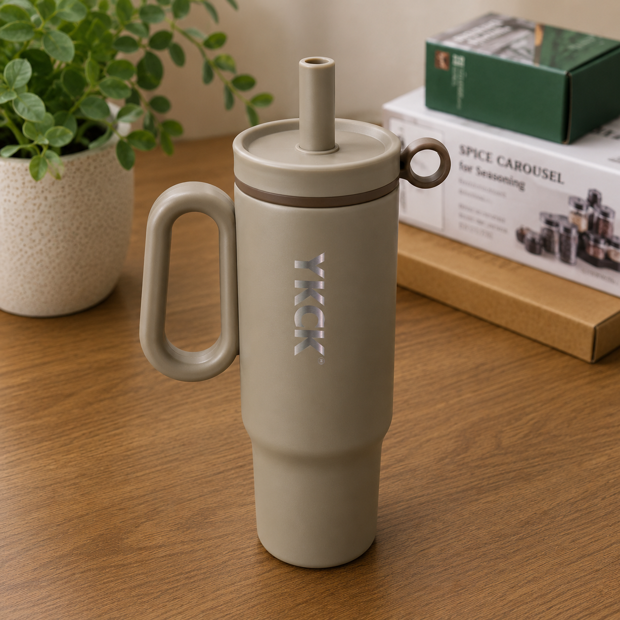 YKCK Vacuum Insulated Travel Tumbler with Handle & Straw – Taupe Grey | 40oz