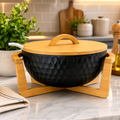 Modern Hammered Black Ceramic Serving Bowl with Wooden Lid & Stand