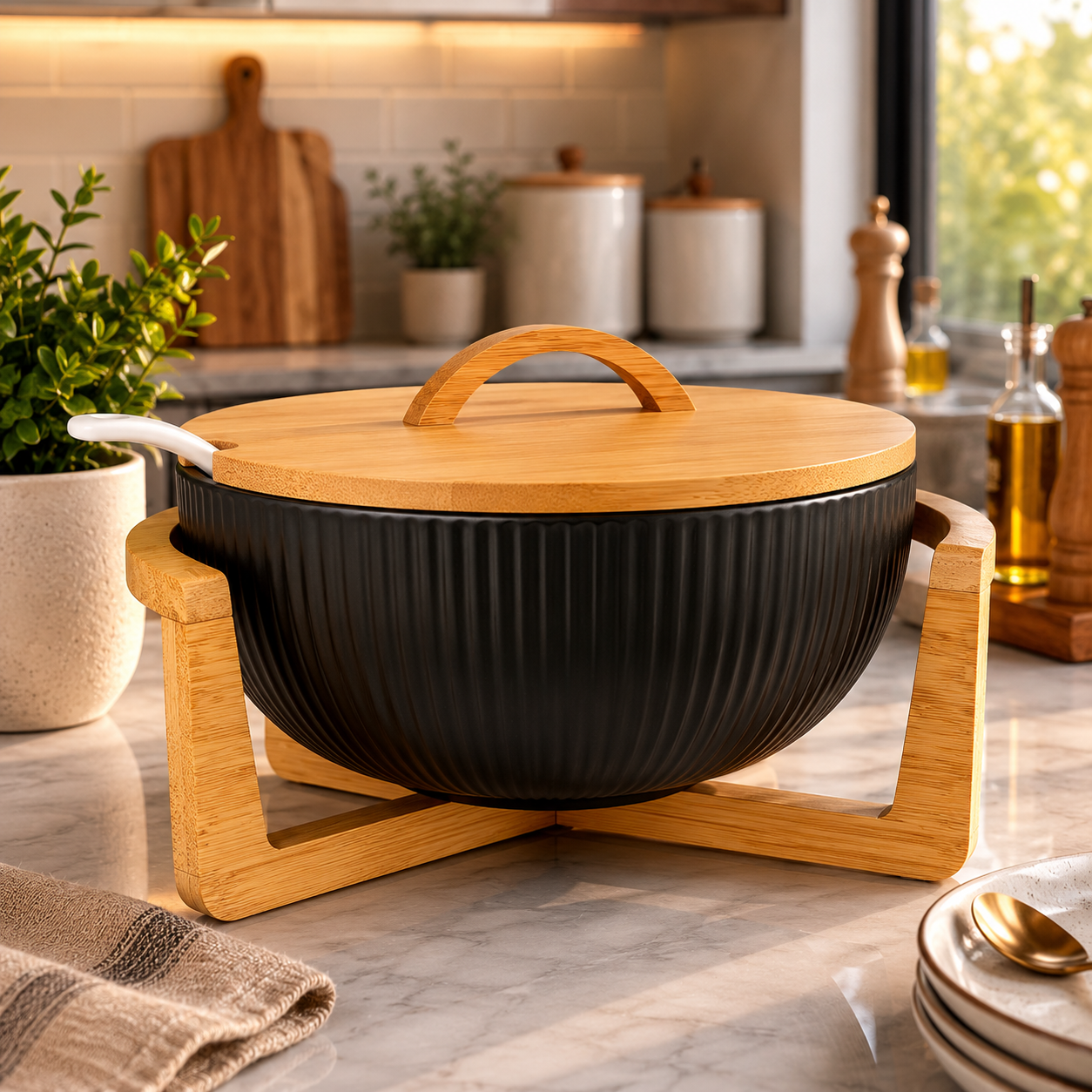 Ceramic Ribbed Serving Bowl with Bamboo Lid & Wooden Stand