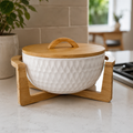 Elegant White Ceramic Serving Bowl with Bamboo Lid & Wooden Stand