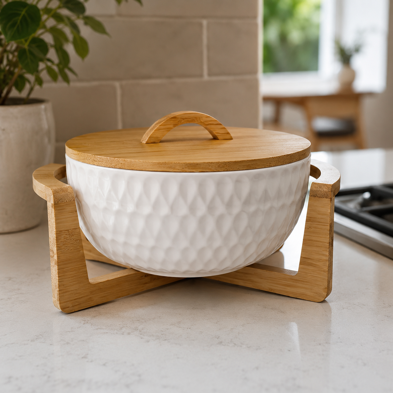 Elegant White Ceramic Serving Bowl with Bamboo Lid & Wooden Stand