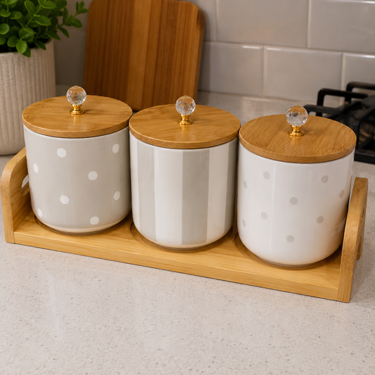 Premium Ceramic Kitchen Storage Canister Set with Bamboo Stand & Crystal Lid Knobs (3 Pieces)