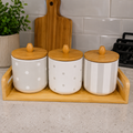 Premium Ceramic Polka Dot Storage Canister Set with Bamboo Tray (3 Pieces)