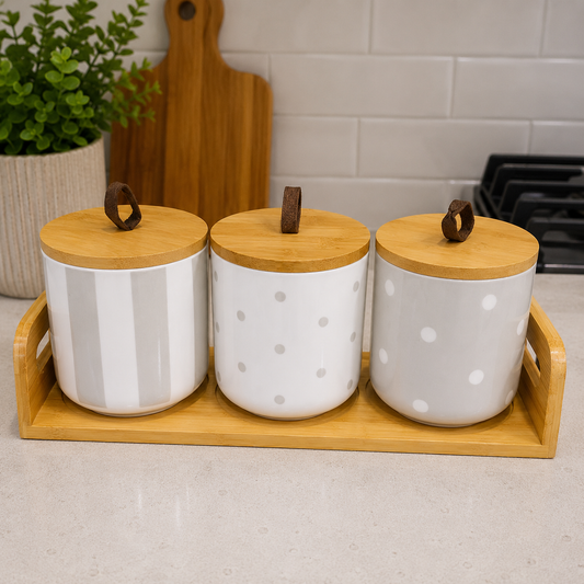 Premium Ceramic Storage Canister Set with Bamboo Lids & Tray (3 Pieces)