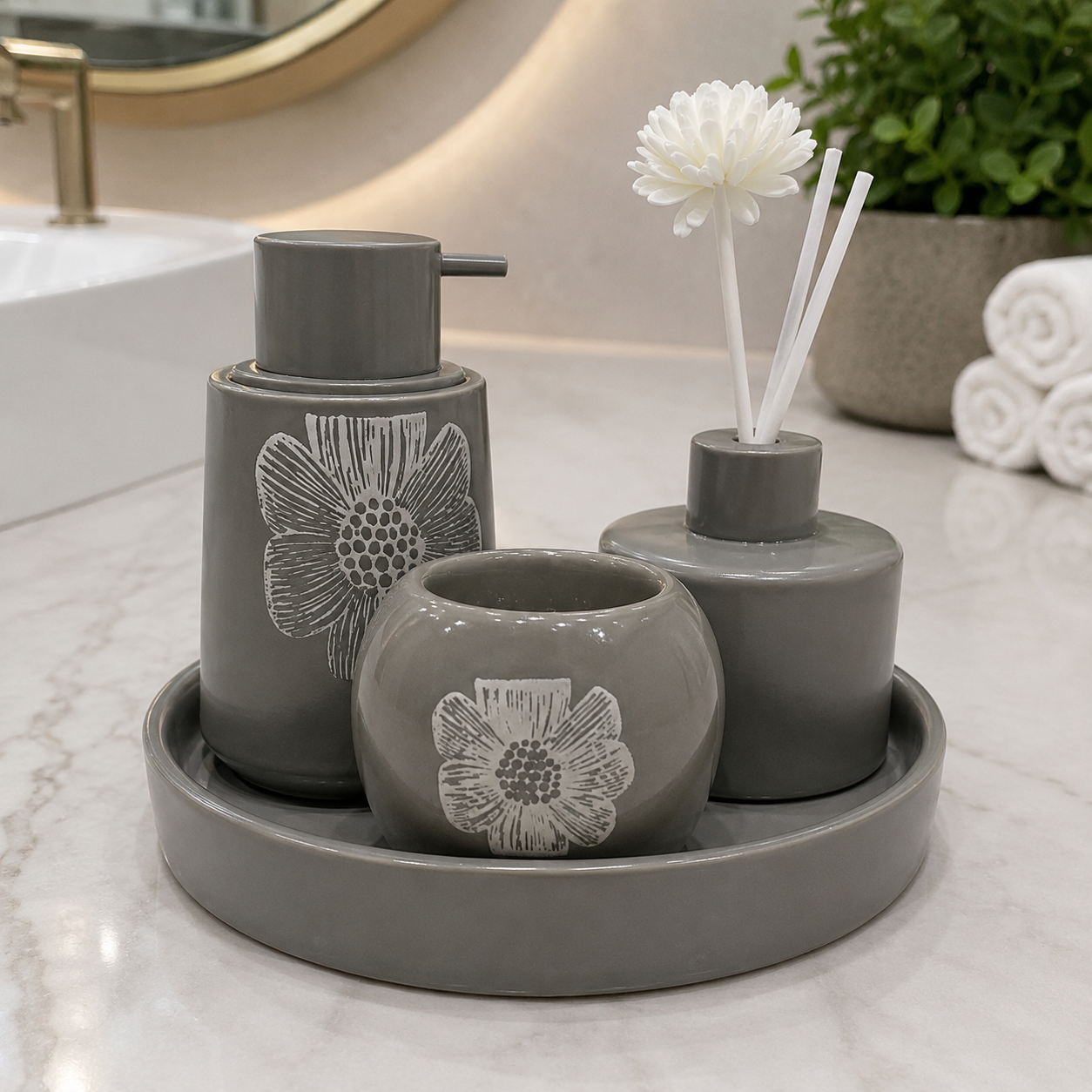 Luxury Gray Ceramic Bathroom Accessory Set with Soap Dispenser, Tumbler & Diffuser Tray