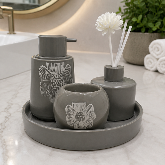Luxury Gray Ceramic Bathroom Accessory Set with Soap Dispenser, Tumbler & Diffuser Tray