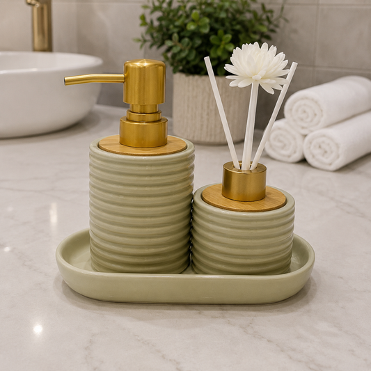 Luxury Ribbed Ceramic Bathroom Accessory Set with Soap Dispenser & Diffuser Tray