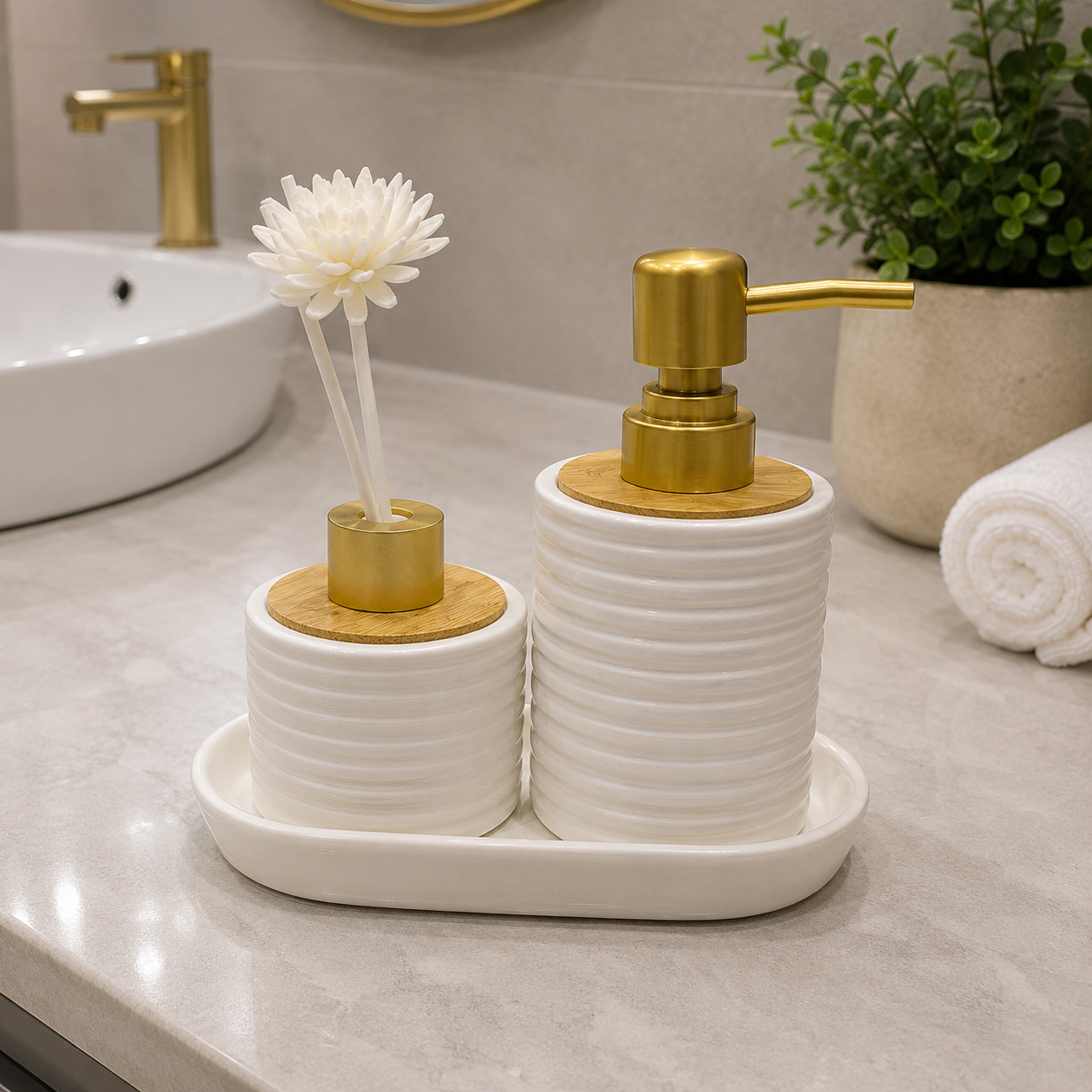 Luxury White Ceramic Bathroom Accessory Set with Soap Dispenser & Diffuser Tray