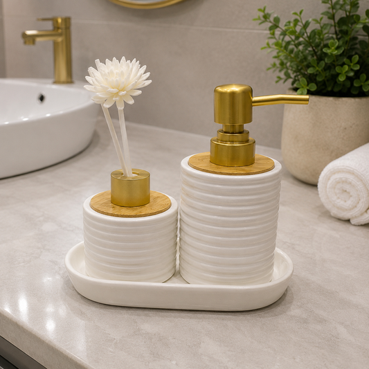 Luxury White Ceramic Bathroom Accessory Set with Soap Dispenser & Diffuser Tray
