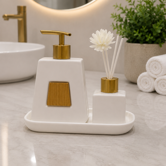 Premium Ceramic Bathroom Soap Dispenser & Diffuser Set with Tray