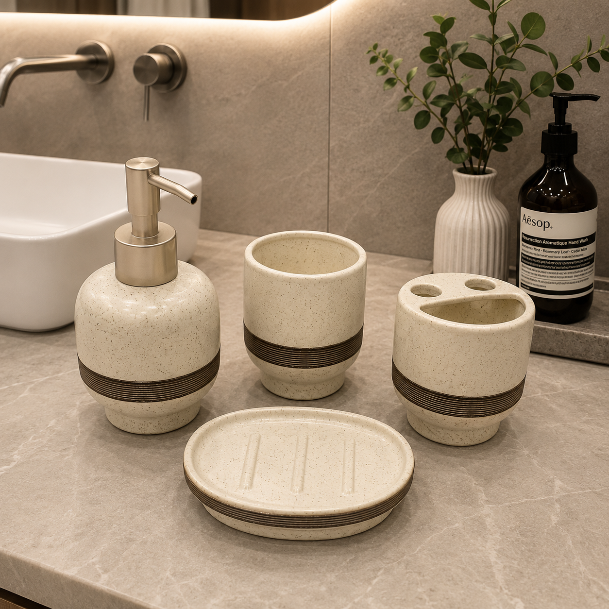 4-Piece Speckled Ceramic Bathroom Accessories Set – Cream White