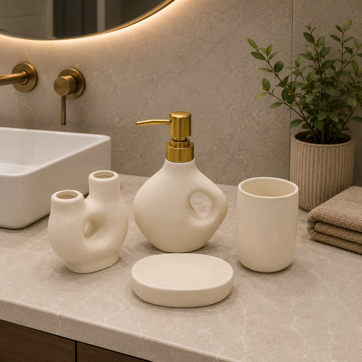 4-Piece Modern Sculptural Ceramic Bathroom Accessories Set – Ivory White