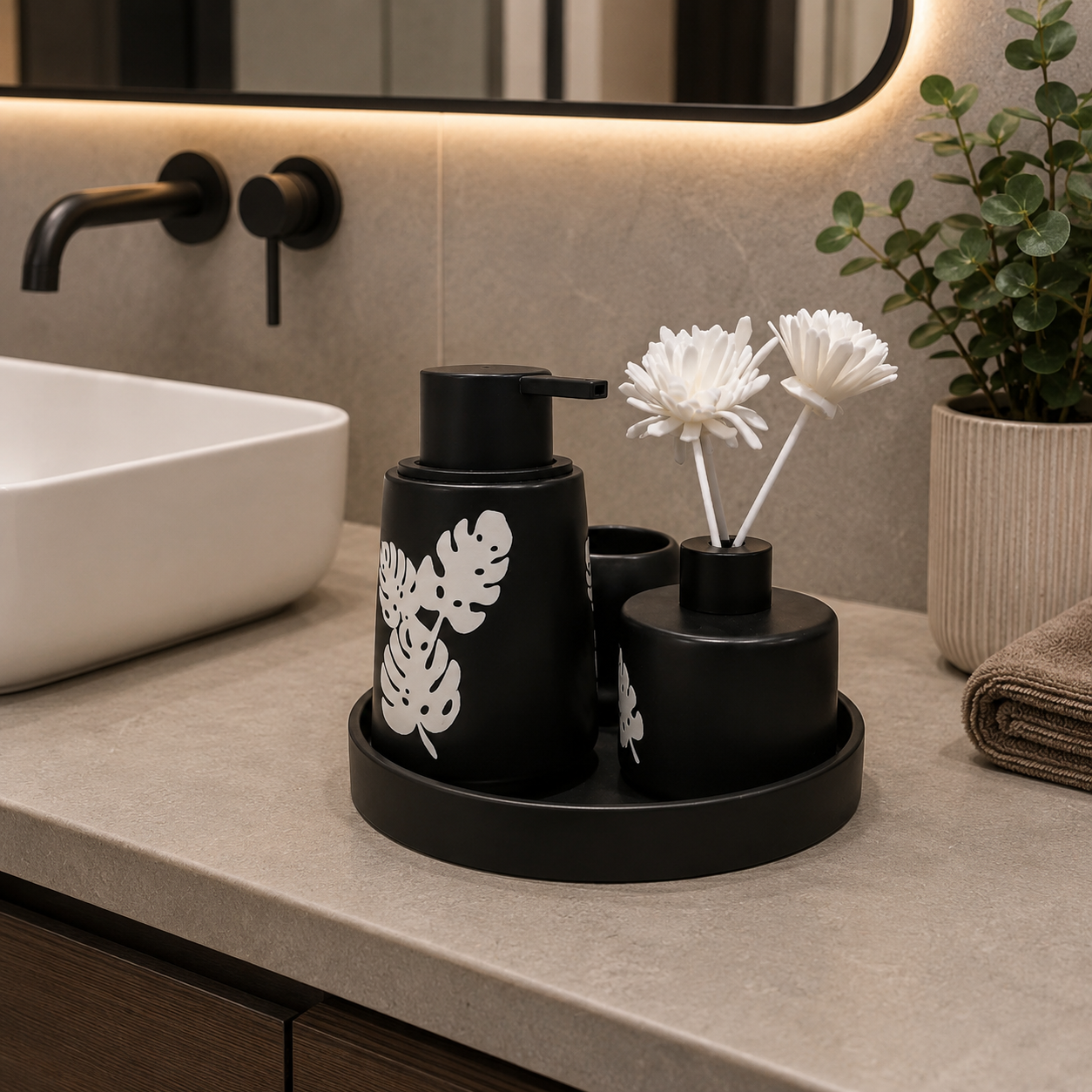 3-Piece Ceramic Bathroom Accessories Set with Tray – Black Botanical