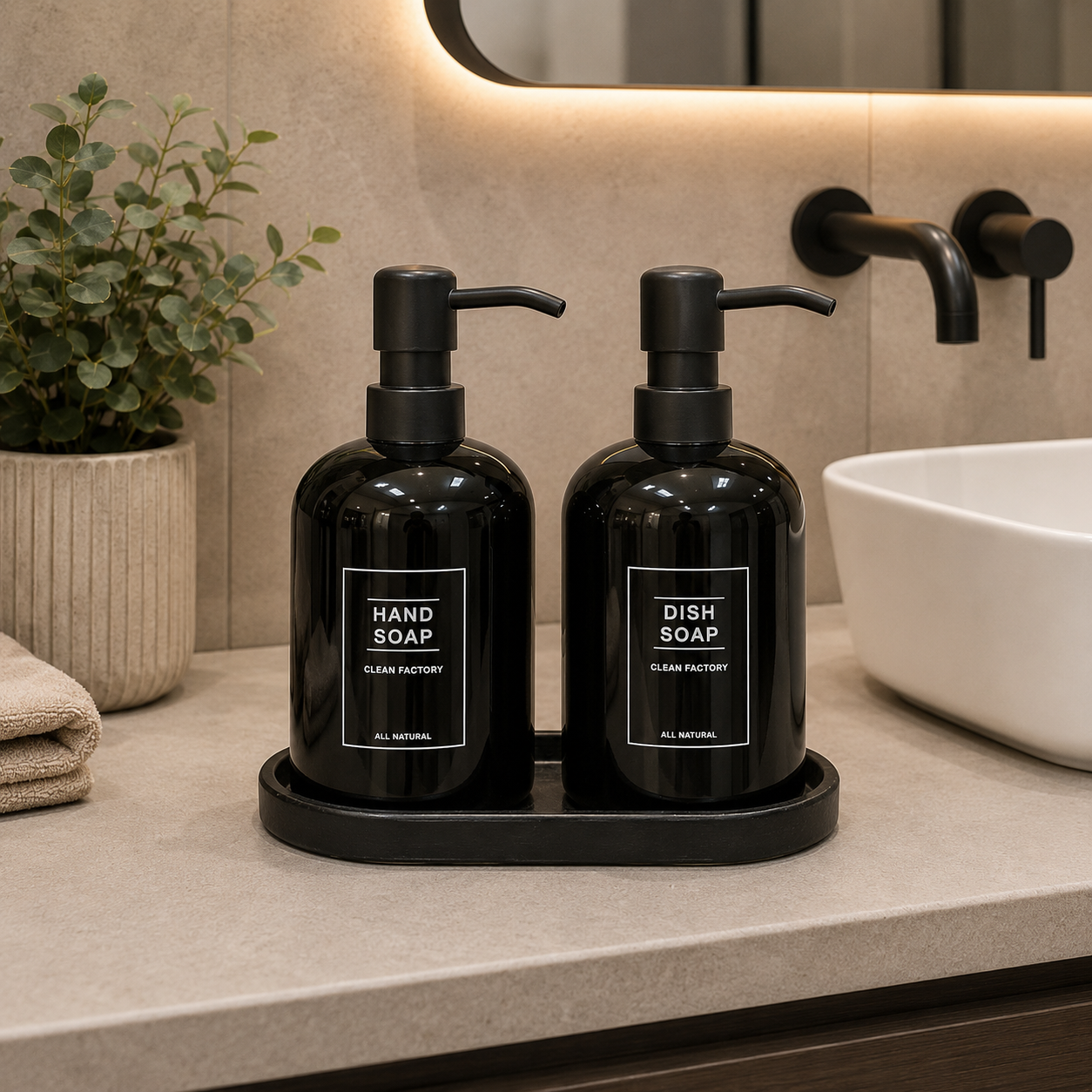 2-Piece Ceramic Soap Dispenser Set with Tray – Matte Black